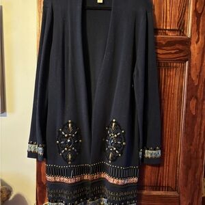 Chico's Navy Blue Open Cardigan with Velvet Trim